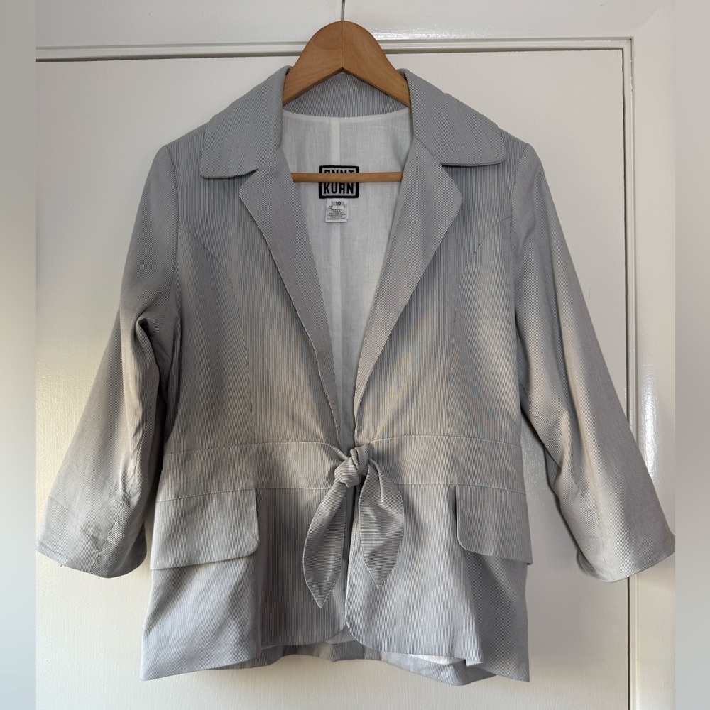 Anni Kuan Tie Front 3/4 Sleeve Blazer Jacket in Black White Pinstripe Size 10